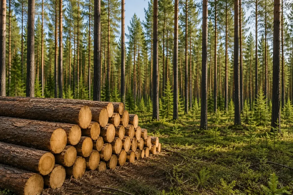 Troncos agrupados en un bosque renovable