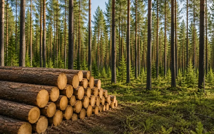 Troncos agrupados en un bosque renovable