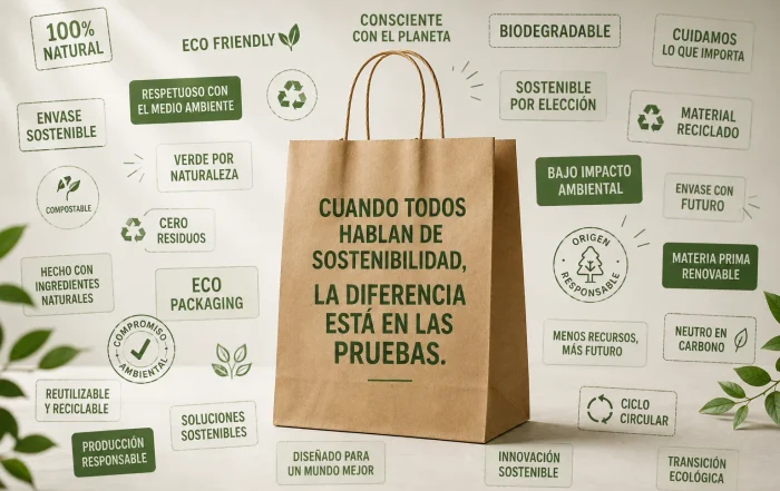 Bolsa de papel rodeada de etiquetas de certificación sostenible