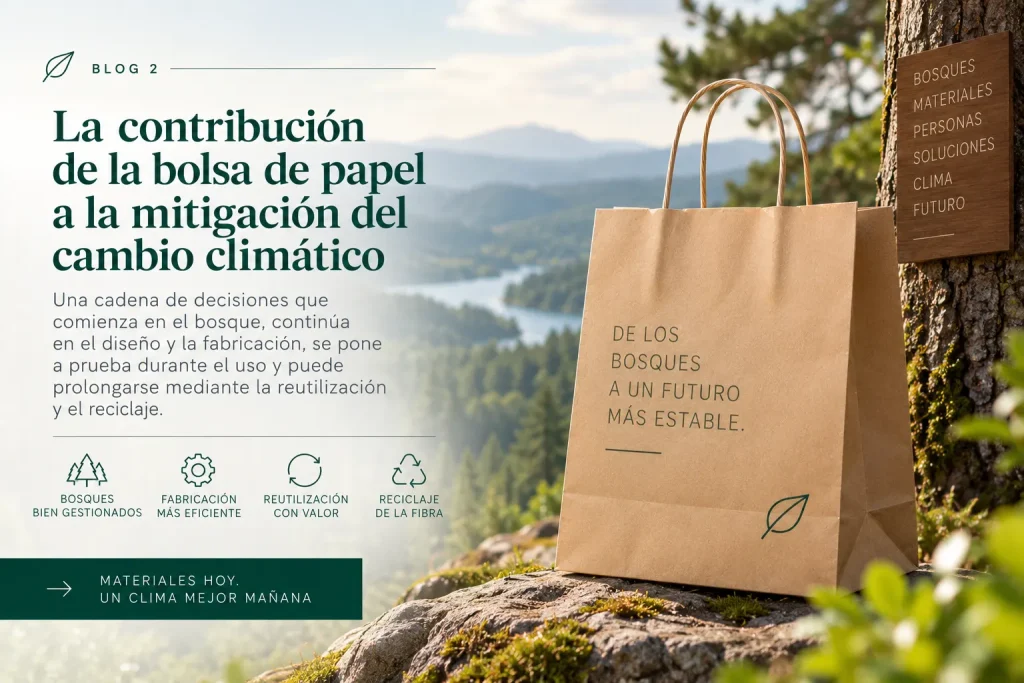 Bolsa de papel kraft en un entorno boscoso junto a un lago, acompañada de un mensaje sobre su contribución a la mitigación del cambio climático mediante bosques bien gestionados, fabricación eficiente, reutilización y reciclaje de la fibra.