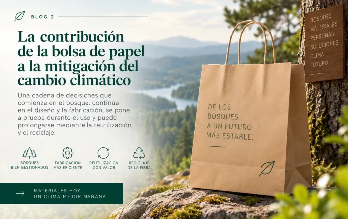 Bolsa de papel kraft en un entorno boscoso junto a un lago, acompañada de un mensaje sobre su contribución a la mitigación del cambio climático mediante bosques bien gestionados, fabricación eficiente, reutilización y reciclaje de la fibra.