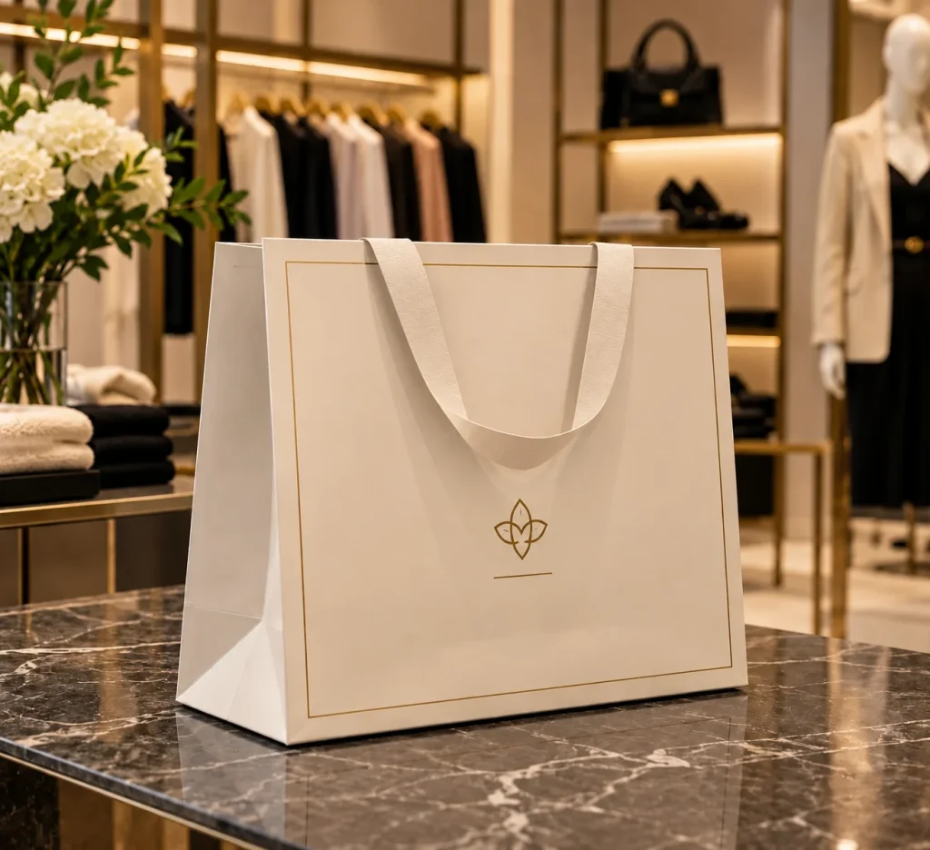 Sac en papier blanc avec anses plates et un petit logo doré en forme de feuille, sur un comptoir en marbre dans une boutique de mode.