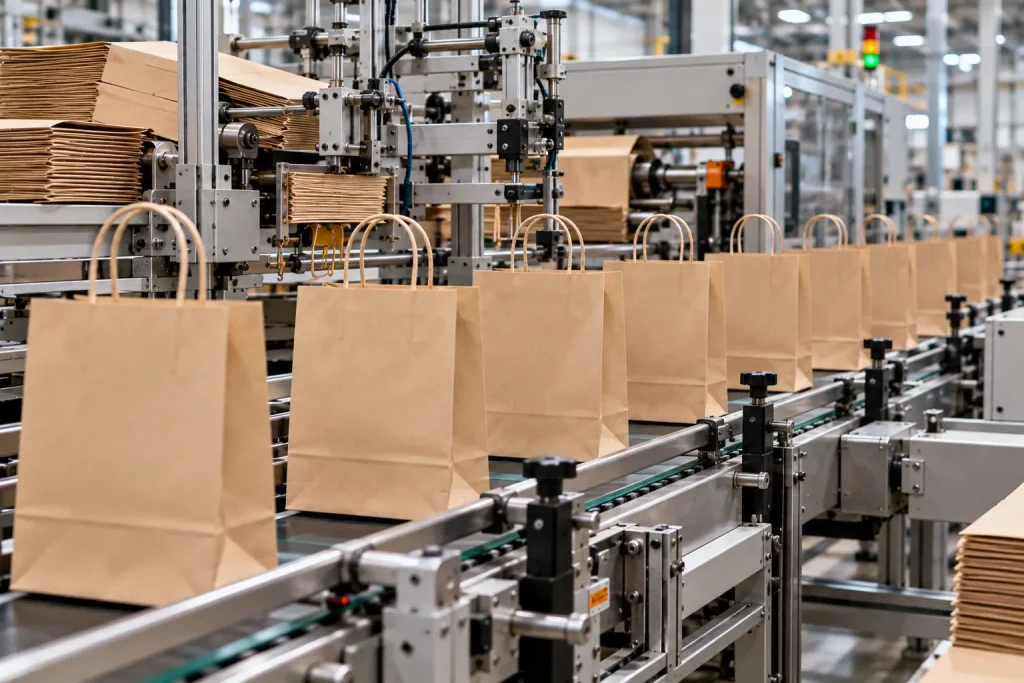 Sacos de papel kraft com asas de cordão avançando em fila por uma correia transportadora no final da linha de produção.