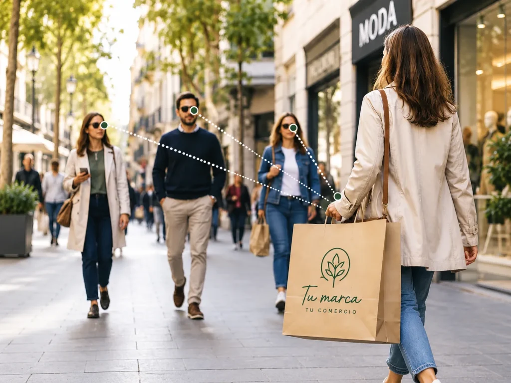 Calle comercial peatonal con árboles en una tarde soleada; una mujer de espaldas, con gabardina beige, lleva una bolsa de papel kraft con el texto «Tu marca, tu comercio», mientras varios peatones con gafas de sol caminan hacia ella. Líneas de puntos conectan sus miradas con la bolsa.