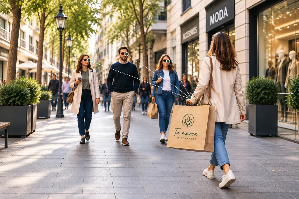 Rue commerçante piétonne avec des arbres par un après-midi ensoleillé ; une femme de dos, en trench-coat beige, porte un sac en papier kraft avec le texte « Votre marque, votre commerce », tandis que plusieurs piétons avec des lunettes de soleil marchent vers elle. Des lignes pointillées relient leurs regards au sac.