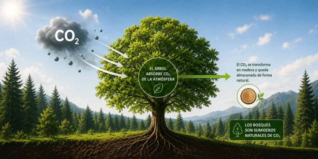 Ilustración de un árbol que absorbe CO₂ de la atmósfera y lo almacena como madera: los bosques son sumideros naturales de CO₂.