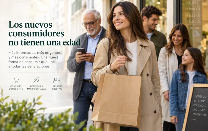Personas de de distintas edades, desde niños a ancianos, paseando con bolsas de papel