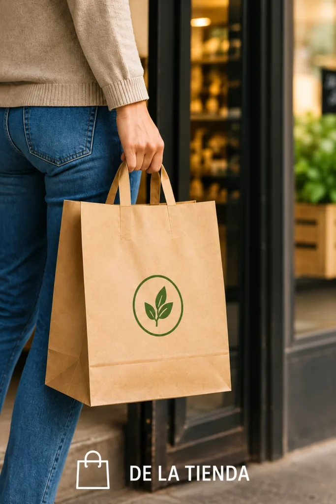 Persona de espaldas saliendo de un comercio con una bolsa de papel kraft con asa plana y logotipo de hoja verde en un círculo.