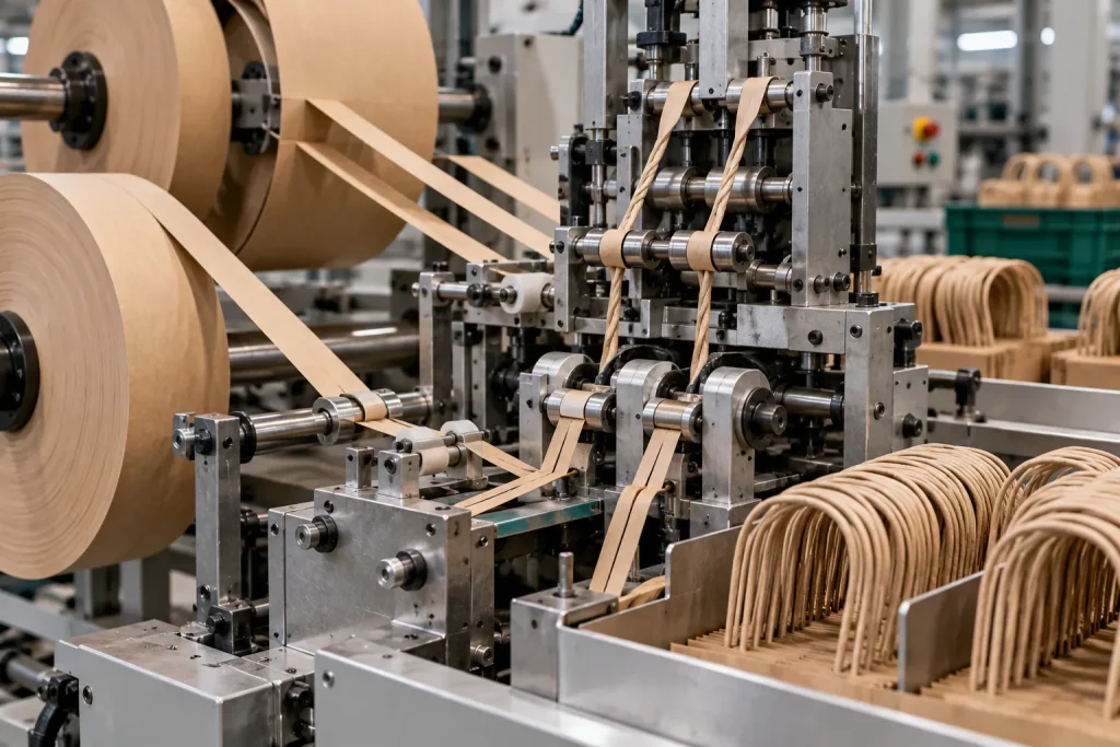 Detalhe de uma máquina que forma as asas de cordão de papel kraft para os sacos, com asas já terminadas empilhadas em primeiro plano.