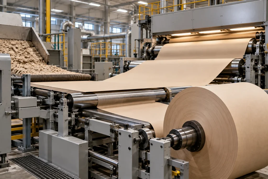 Grande bobina de papel kraft a desenrolar-se numa máquina industrial de uma fábrica de sacos de papel.