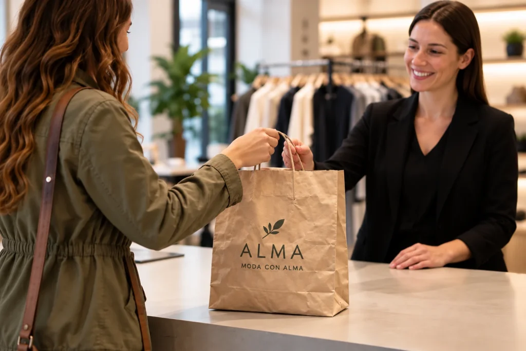 Clienta con chaqueta verde que vuelve a una tienda de moda con una bolsa de papel kraft que se apoya en el mostrador, atendida por una dependienta sonriente.