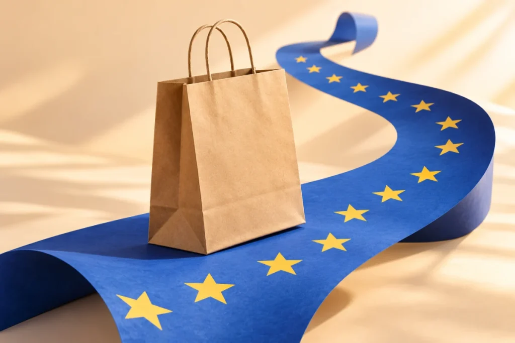Sac en papier suivant un chemin marqué par l’Union européenne