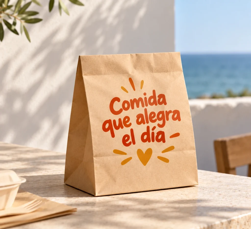 Sac en papier kraft sans anses avec la phrase « Un repas qui égaye la journée » en lettres rouges et un cœur, sur une table à côté d’une terrasse avec vue sur la mer.