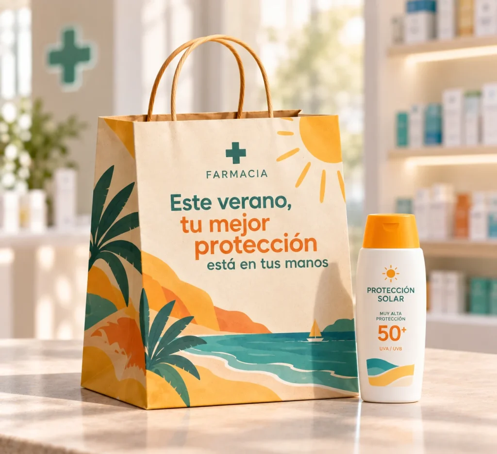 Sac en papier kraft avec anses en cordon et une illustration de plage et de soleil avec le texte « Cet été, votre meilleure protection est entre vos mains », à côté d’un flacon de protection solaire sur le comptoir d’une pharmacie.