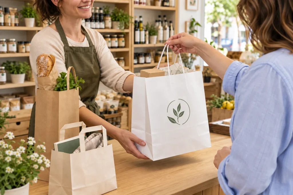 Shop assistant in a green apron hands a customer a white paper bag with a green leaf logo in a local produce shop; on the counter are two other kraft bags with bread, vegetables, and books, and in the background, shelves with jars and plants.