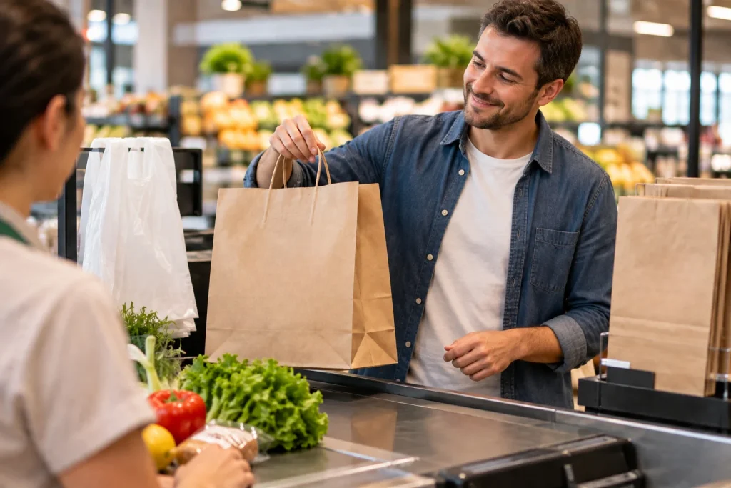 Smiling customer at a supermarket checkout holds a kraft paper bag with cord handles while the cashier, with her back to the camera in the foreground, serves her; lettuce, tomatoes, and other fresh produce are on the conveyor belt.