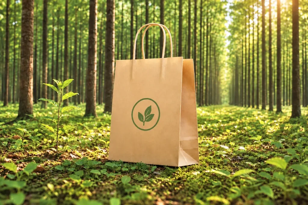Kraft paper bag in a forest: sustainable origin of the fibre