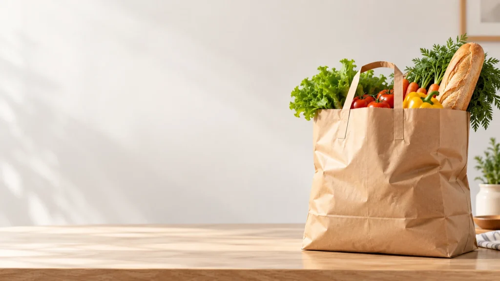Large paper bag loaded with supermarket shopping