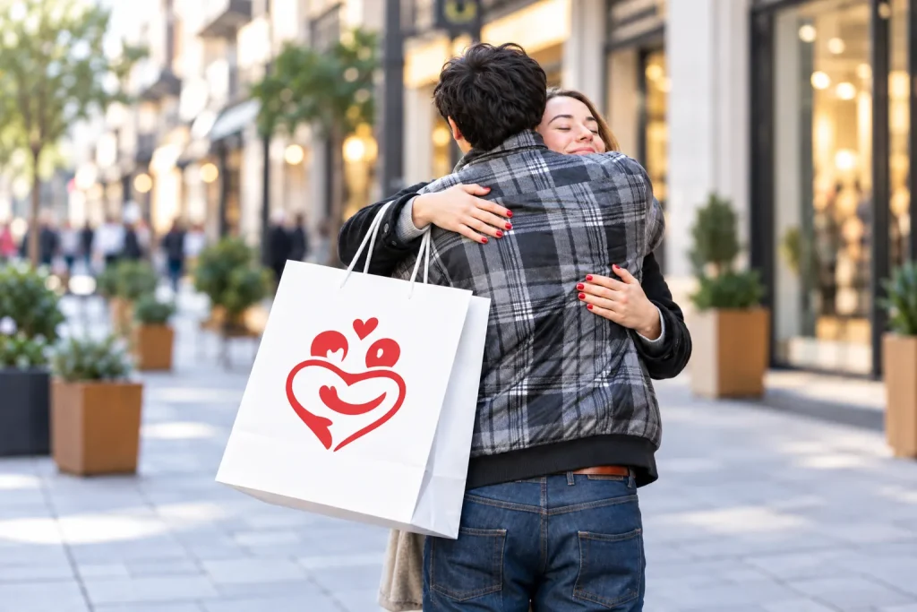 Deux personnes s’enlacent dans une rue commerçante avec des boutiques éclairées en arrière-plan ; l’une d’elles porte à l’épaule un sac en papier blanc avec un logo rouge en forme de cœur.