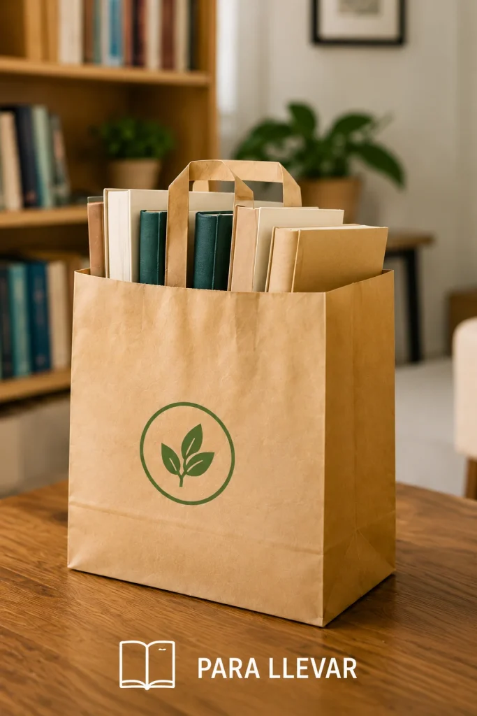 Bolsa de papel kraft con logotipo de hoja verde sobre una mesa de madera, llena de libros, con una estantería al fondo.