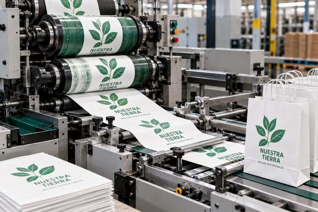 Máquina de impressão que estampa um logótipo de folha verde com o texto «A nossa terra» sobre papel branco, com sacos brancos já impressos junto à linha.