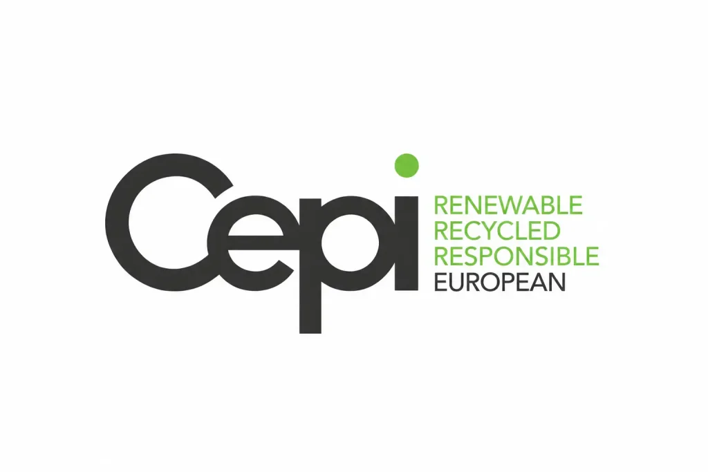 Logotipo de Cepi (Confederación Europea de las Industrias del Papel) con el lema «Renewable, Recycled, Responsible, European», sobre fondo blanco.