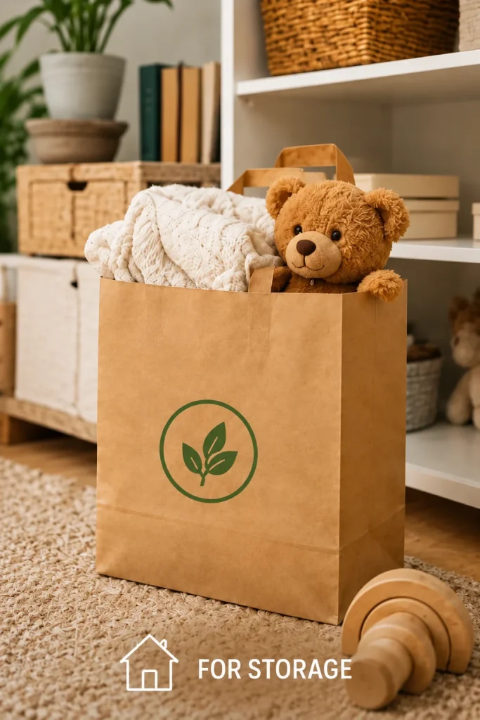 Kraft paper bag with green leaf logo holding a teddy bear and a knitted blanket in a room with shelves and wooden toys.