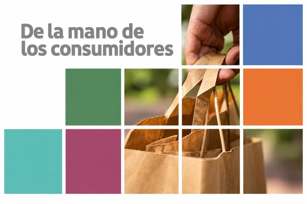Mano sosteniendo una bolsa de papel kraft en una composición de cuadros de colores con el texto «De la mano de los consumidores».