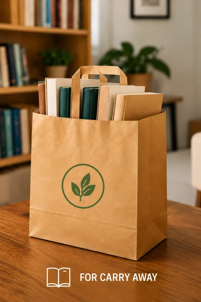 Kraft paper bag with green leaf logo on a wooden table, filled with books, with a bookshelf in the background.