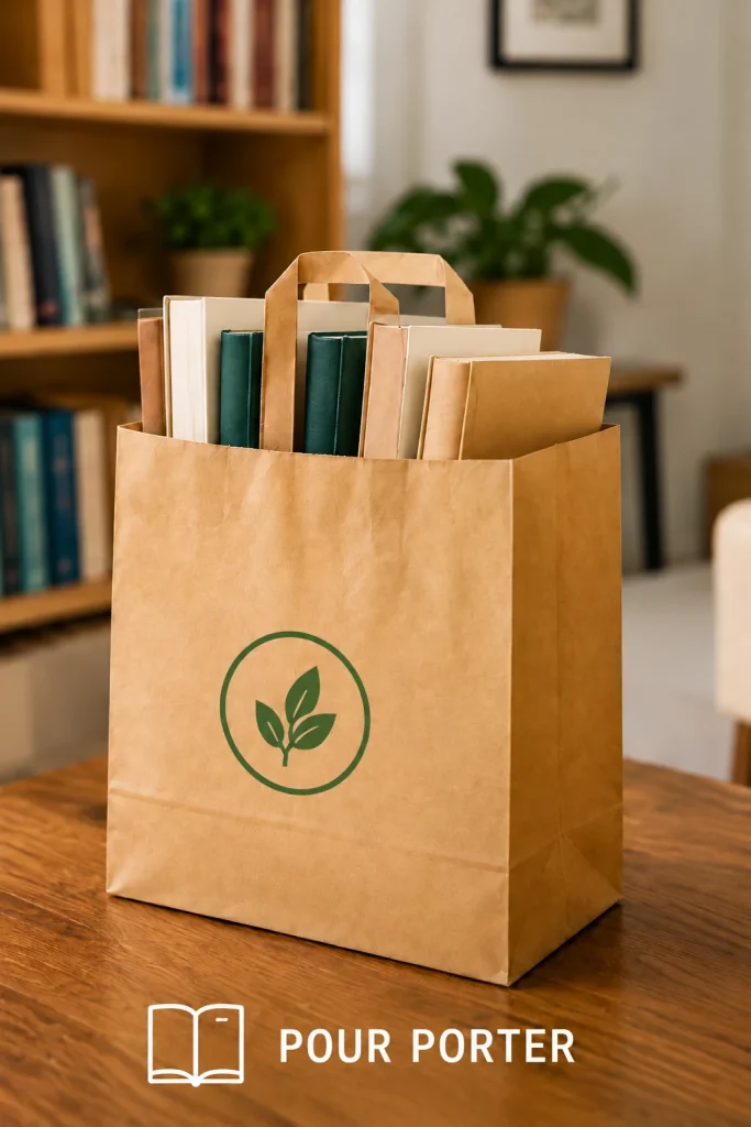 Sac en papier kraft avec logo de feuille verte sur une table en bois, rempli de livres, avec une étagère en arrière-plan.
