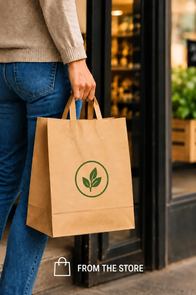 Person from behind leaving a shop with a kraft paper bag with flat handles and a green leaf logo in a circle.