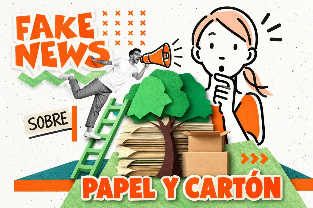 Collage «Fake news sobre papel y cartón»: un hombre con megáfono junto a un árbol de papel y una chica que duda.