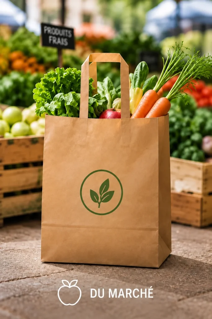 Sac en papier kraft avec logo de feuille verte rempli de légumes frais, avec des carottes et de la laitue, à côté d'un étal de marché.