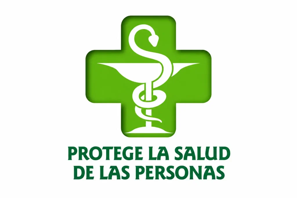Cruz verde de farmacia con una copa de Higía y una serpiente enroscada en su pie, y debajo el texto «Protege la salud de las personas».