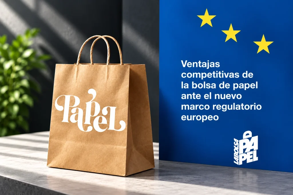 Bolsa de papel kraft con asas de cordón y la palabra «Papel» en letras blancas, junto a un panel azul con estrellas amarillas de la bandera europea y el texto «Ventajas competitivas de la bolsa de papel ante el nuevo marco regulatorio europeo», con el logotipo de La Bolsa de Papel debajo.