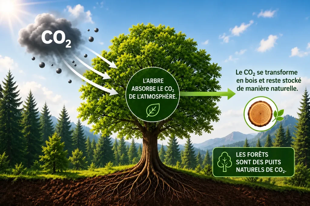 Illustration d'un arbre qui absorbe le CO₂ de l'atmosphère et le stocke sous forme de bois : les forêts sont des puits naturels de CO₂.