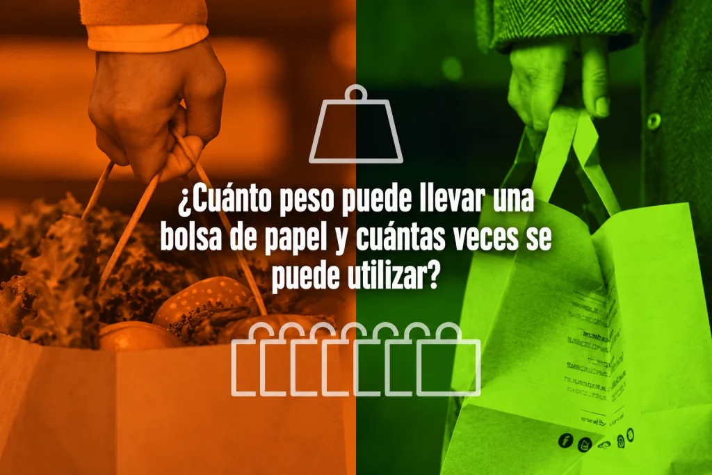 Dos manos sostienen bolsas de papel, una cargada de verduras, con la pregunta «¿Cuánto peso puede llevar una bolsa de papel?».