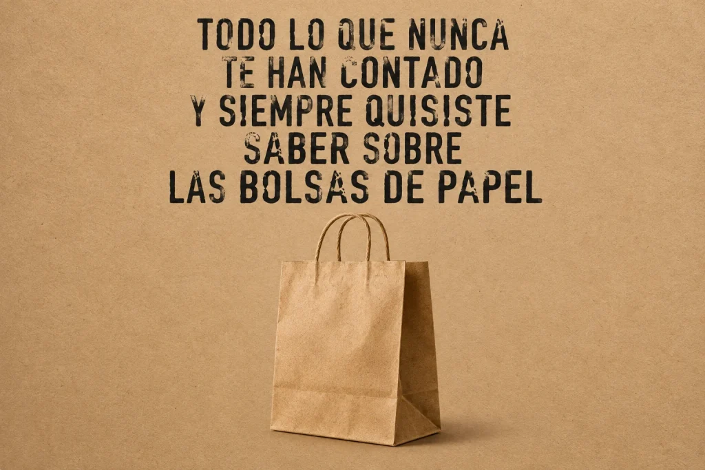 Bolsa de papel kraft con asas de cordón sobre un fondo de cartón, bajo el texto «Todo lo que nunca te han contado y siempre quisiste saber sobre las bolsas de papel».