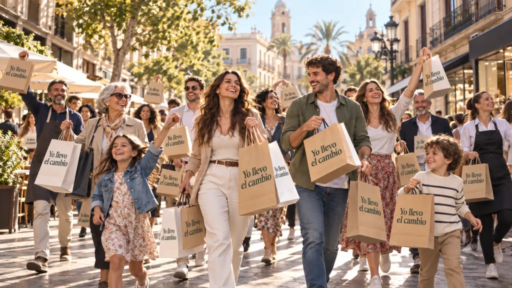 Grupo de personas de distintas edades paseando por una calle comercial con bolsas de papel que muestran el lema «Yo llevo el cambio», con motivo del Día Europeo de la Bolsa de Papel 2026.