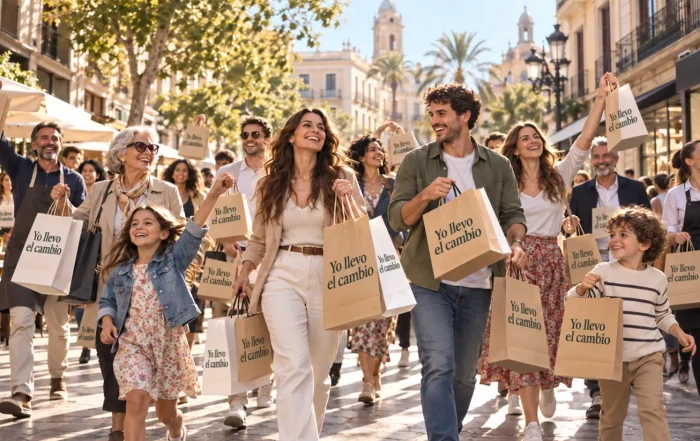Grupo de personas de distintas edades paseando por una calle comercial con bolsas de papel que muestran el lema «Yo llevo el cambio», con motivo del Día Europeo de la Bolsa de Papel 2026.