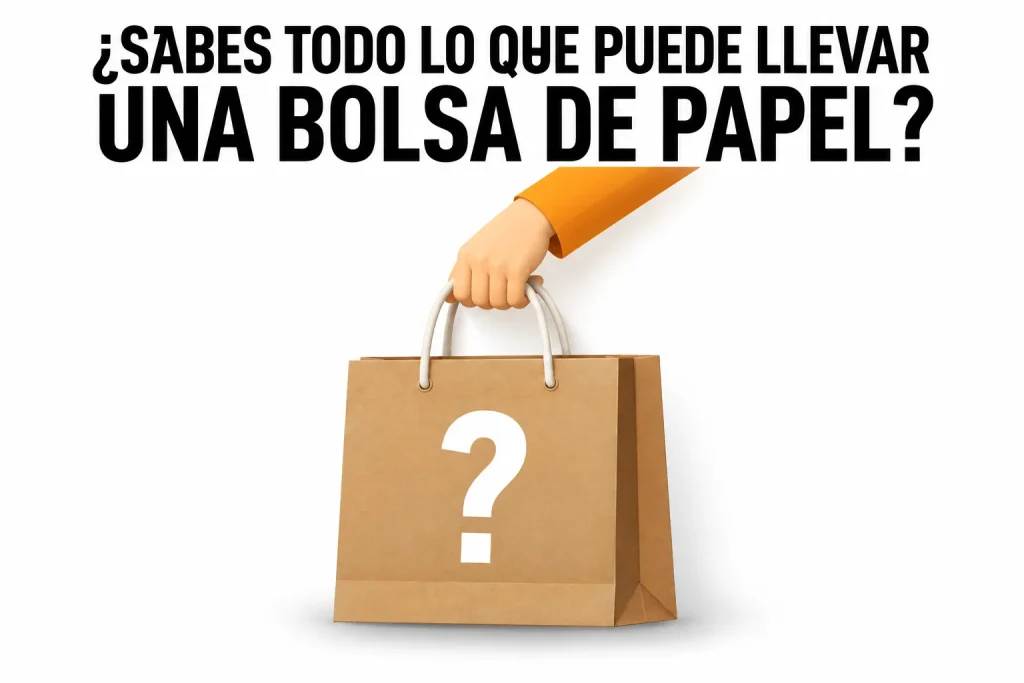 Ilustración de una mano con manga naranja que sostiene una bolsa de papel kraft con un signo de interrogación blanco, bajo el titular «¿Sabes todo lo que puede llevar una bolsa de papel?».